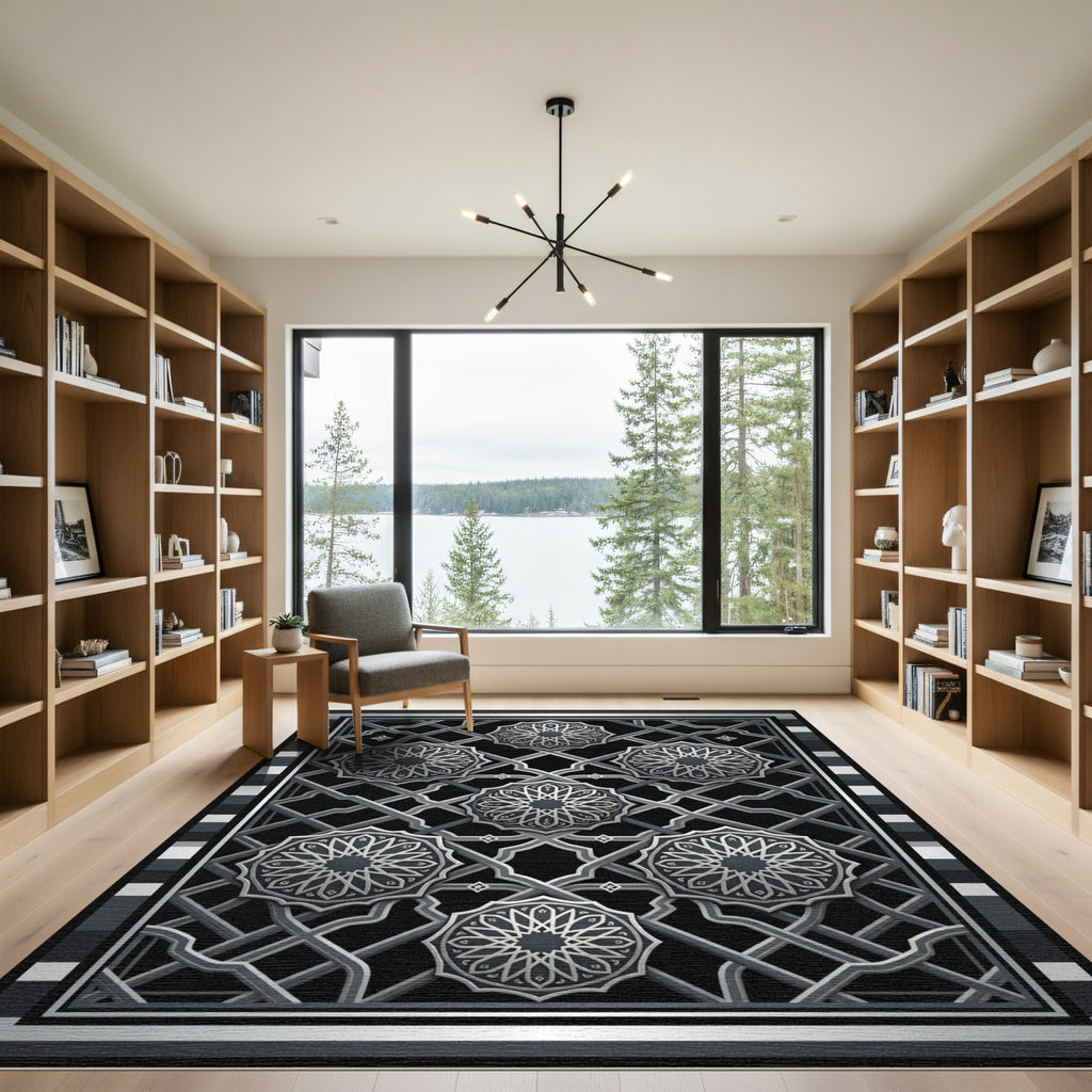 Sophisticated Silver Geometric Ornamental Monochrome Area Rug