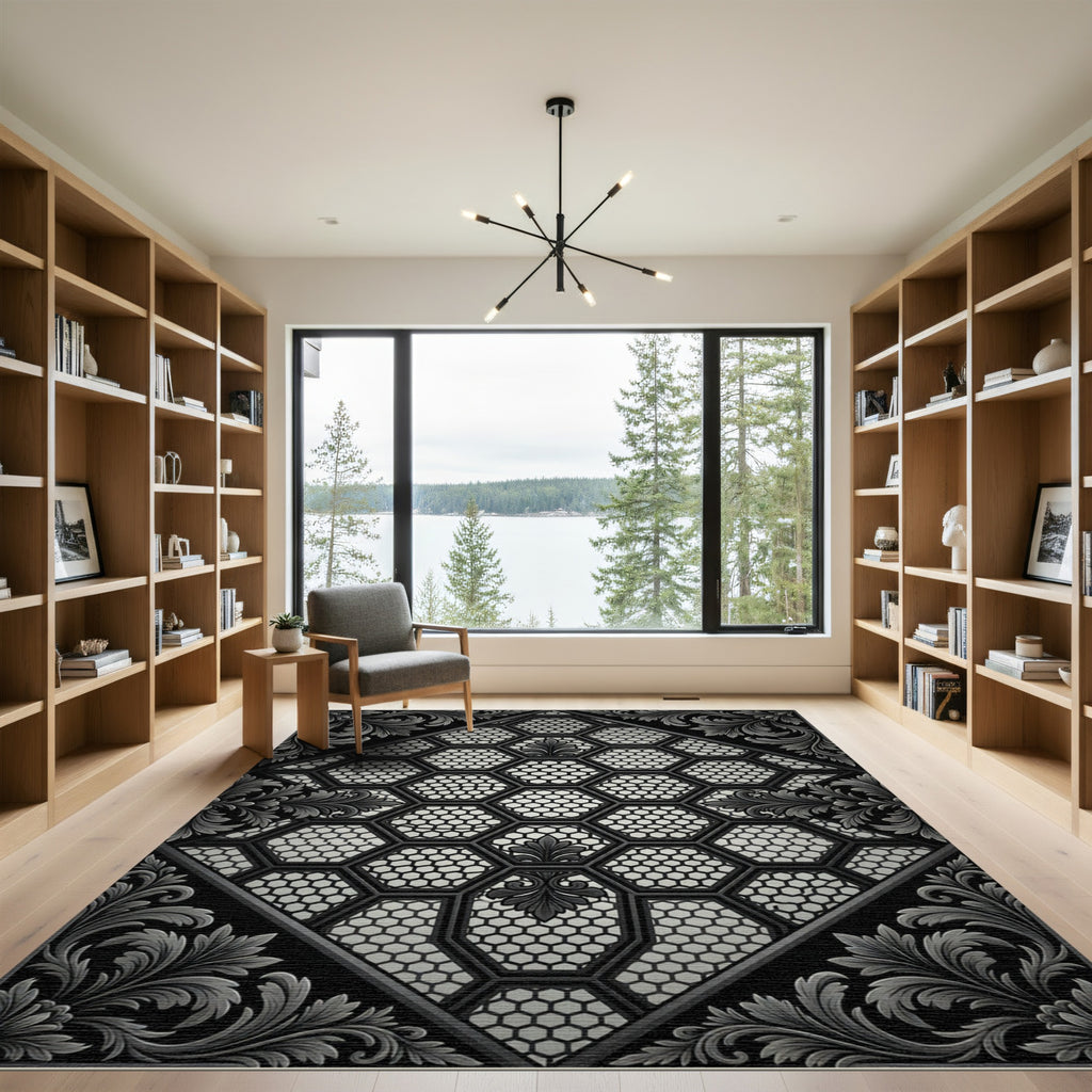 Intricate Gray Floral Hexagonal Lattice Rug
