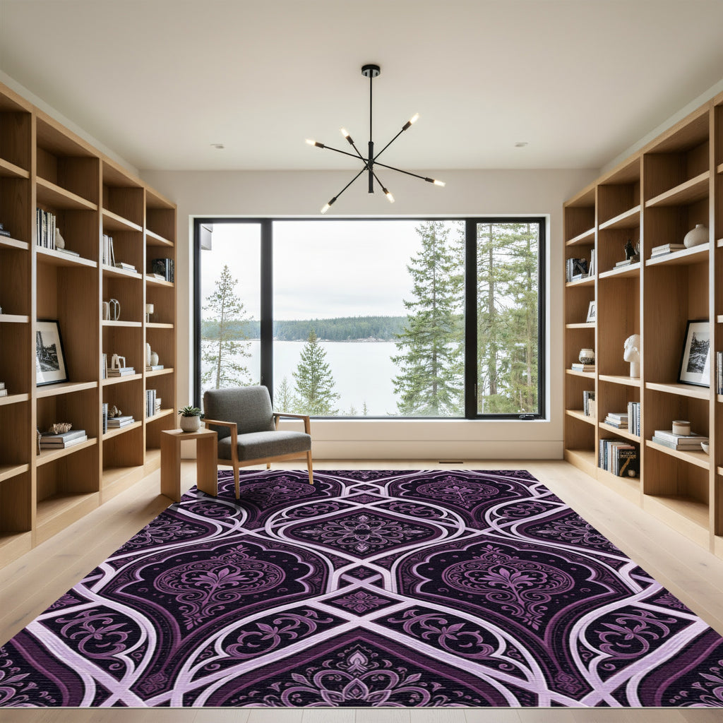 Elegant Plum Damask Filigree Arched Tapestry Rug