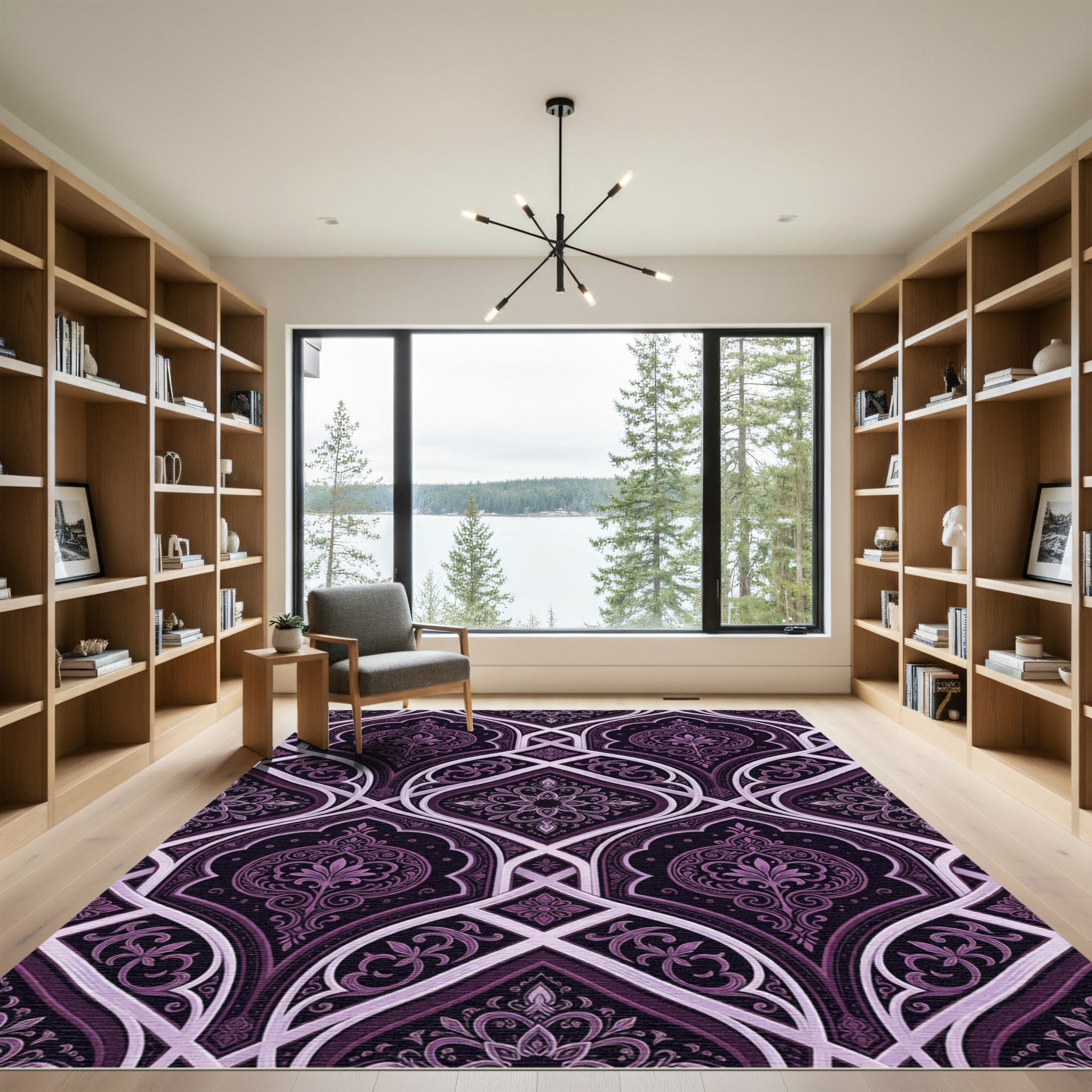 Elegant Plum Damask Filigree Arched Tapestry Rug