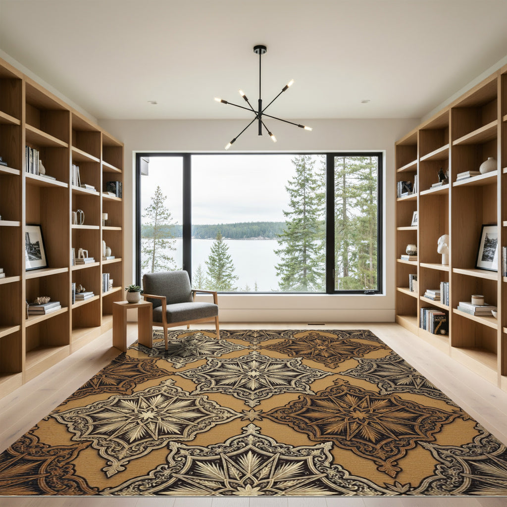 Ornate Gold Brown Starburst Medallion Rug