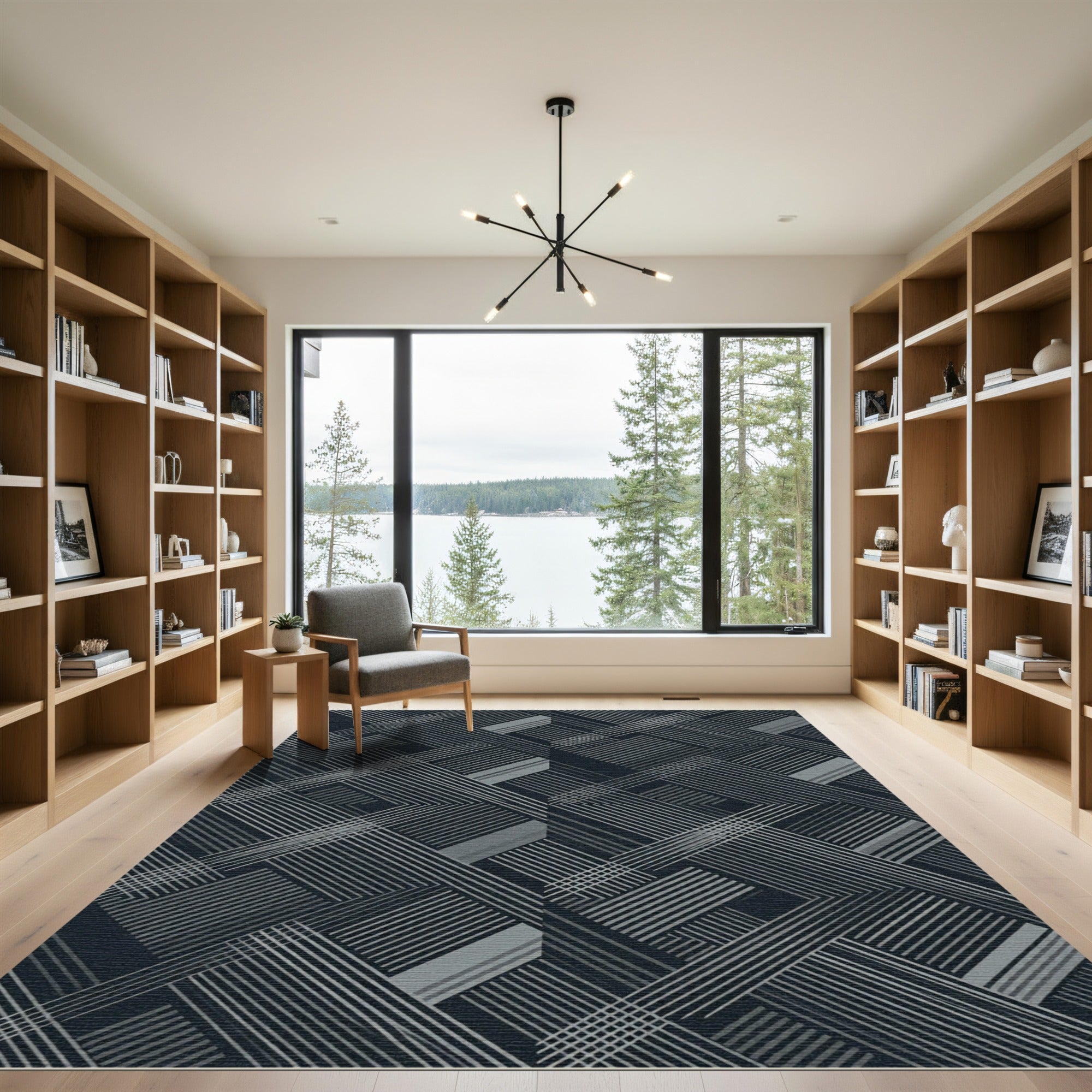 Modern Charcoal Gray Intersecting Linear Rug