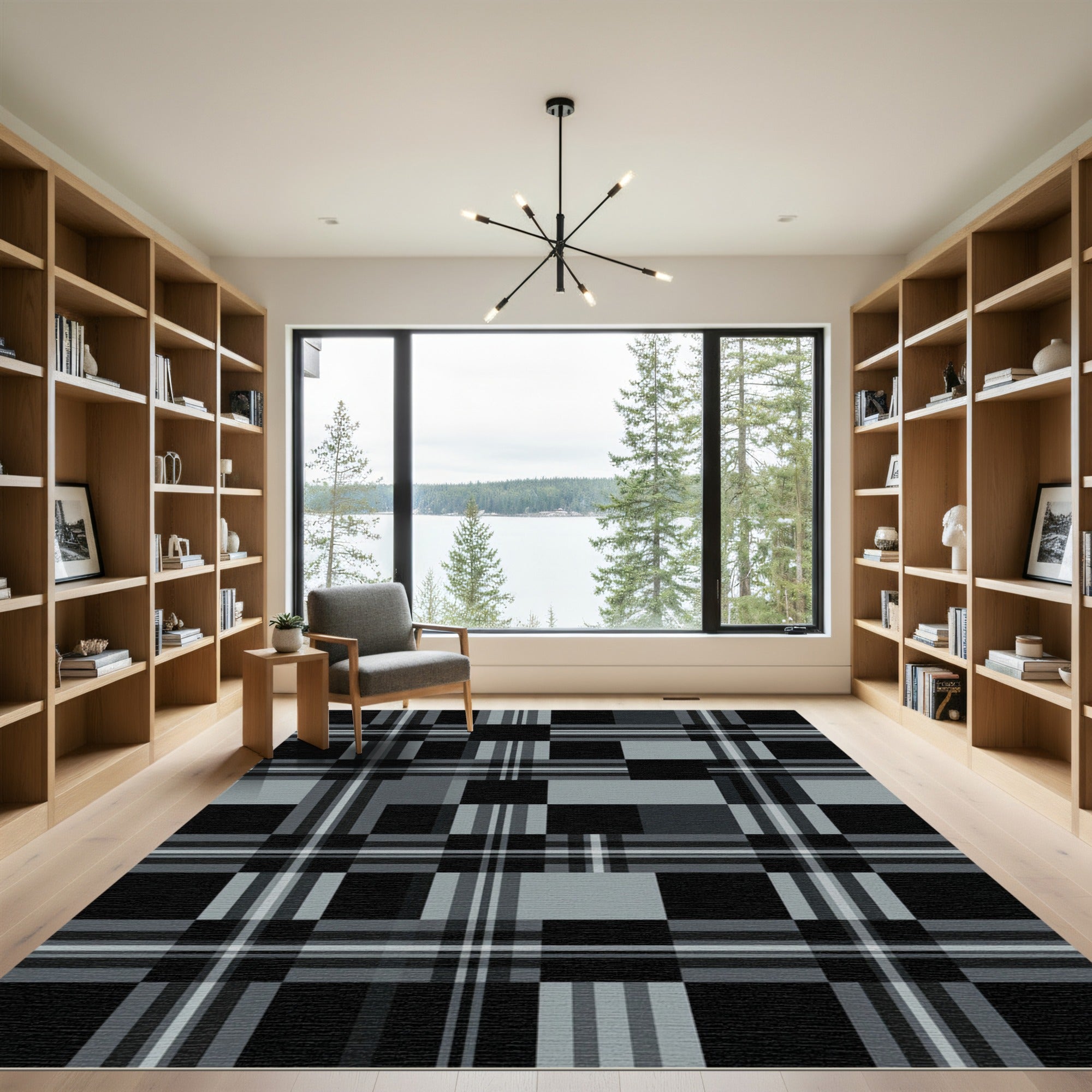 Monochromatic Charcoal and Black Plaid Check Rug