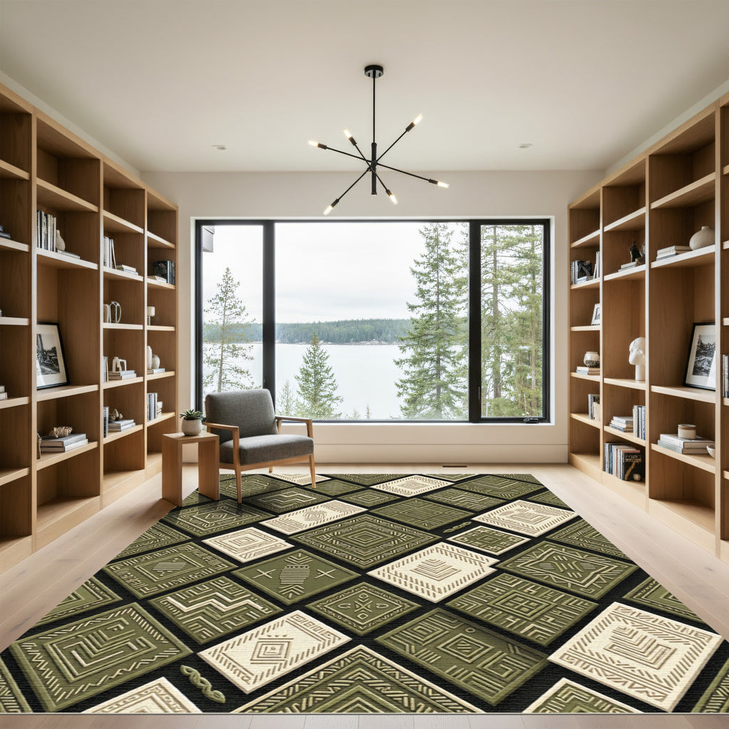 Olive Green Textured Diamond Mosaic Rug