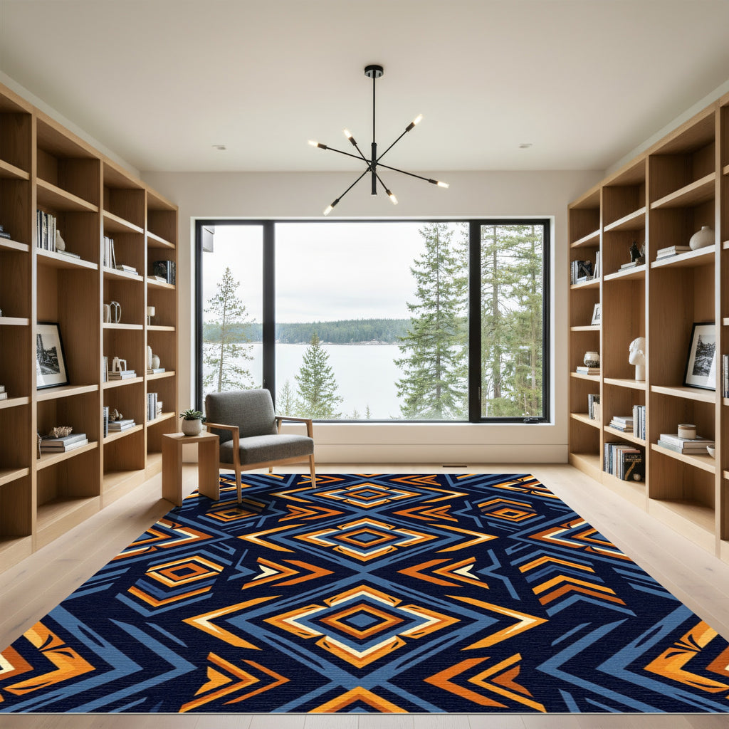 Bold Orange Blue Geometric Diamond Rug