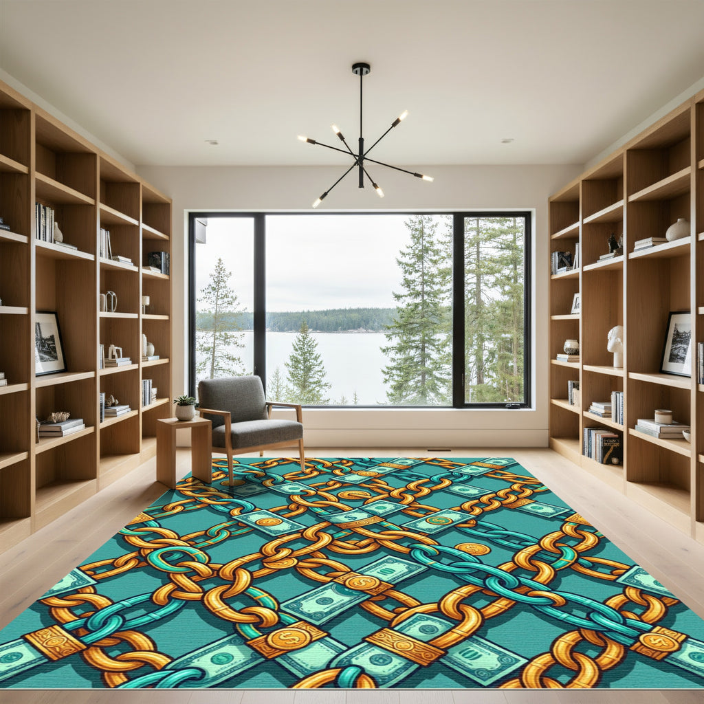 Teal Golden Chain Link Cash Rug
