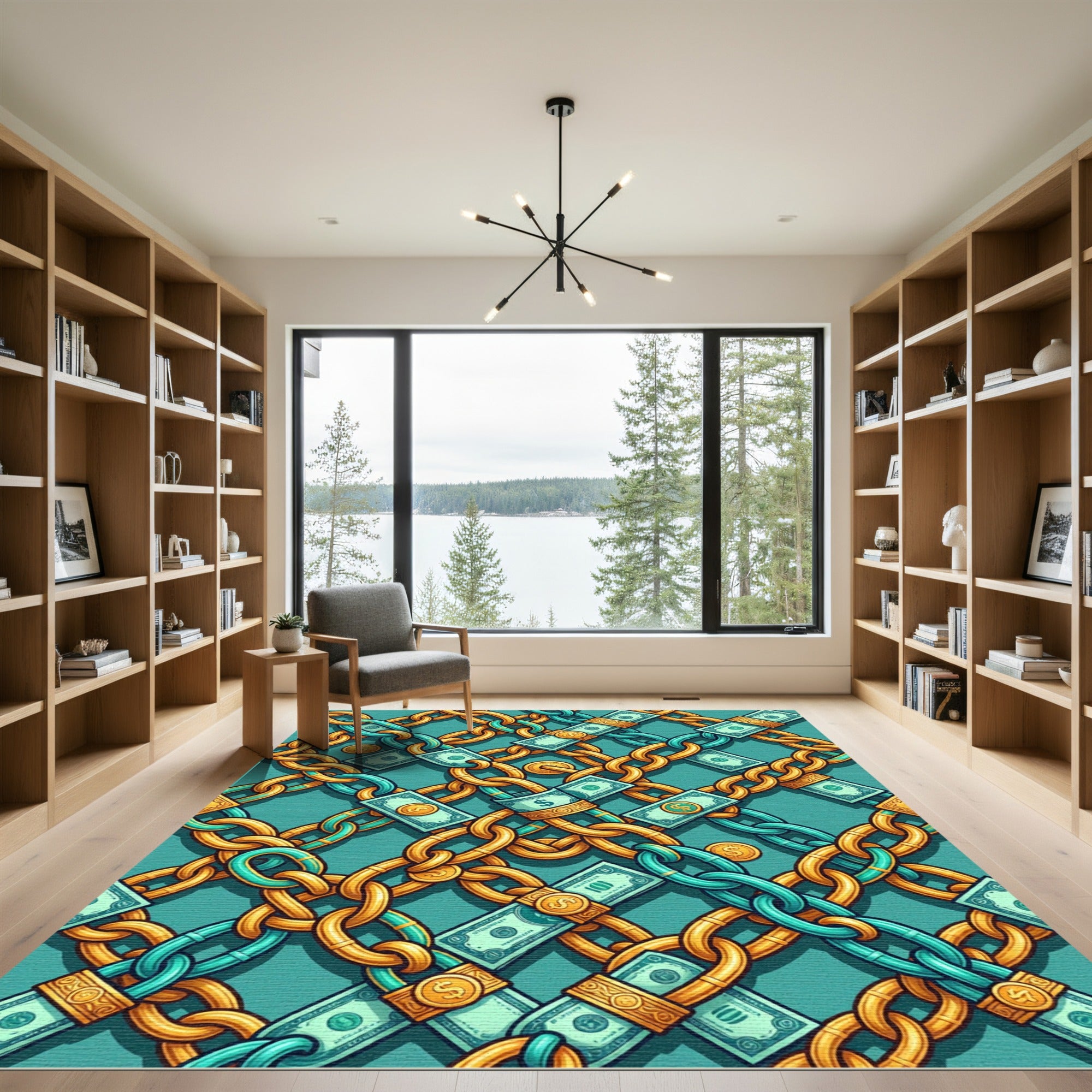 Teal Golden Chain Link Cash Rug