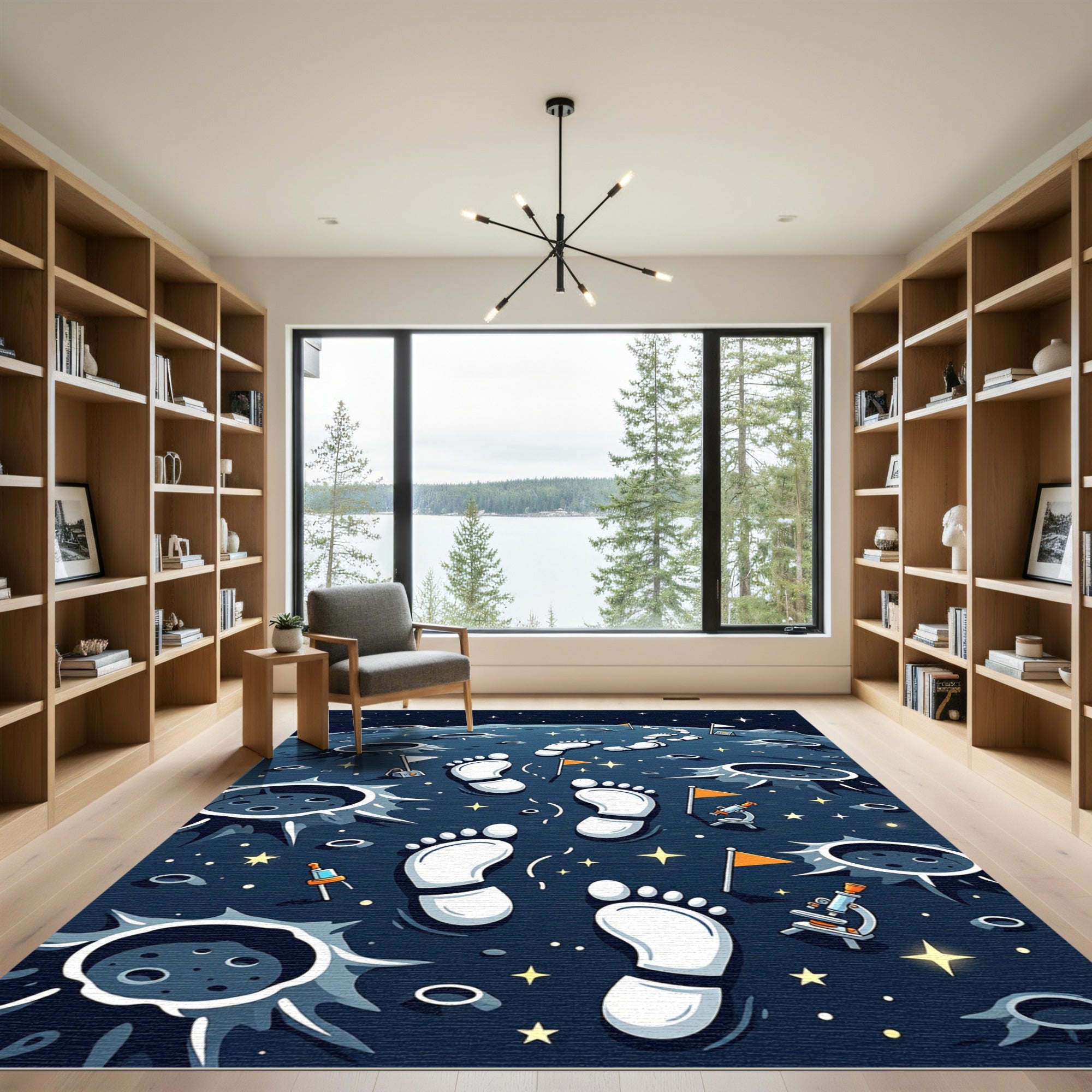 Whimsical Galactic Footprints and Lunar Landscape Rug