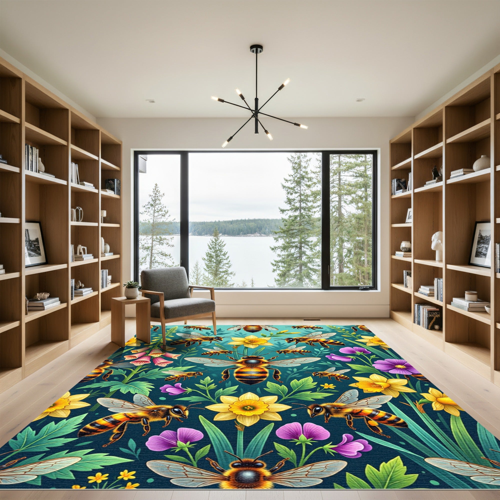 Whimsical Golden Bee and Floral Meadow Rug