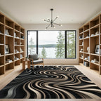 Metallic Gold Black Flowing Waves Rug