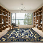 Elegant Navy Gold Art Deco Scroll Rug