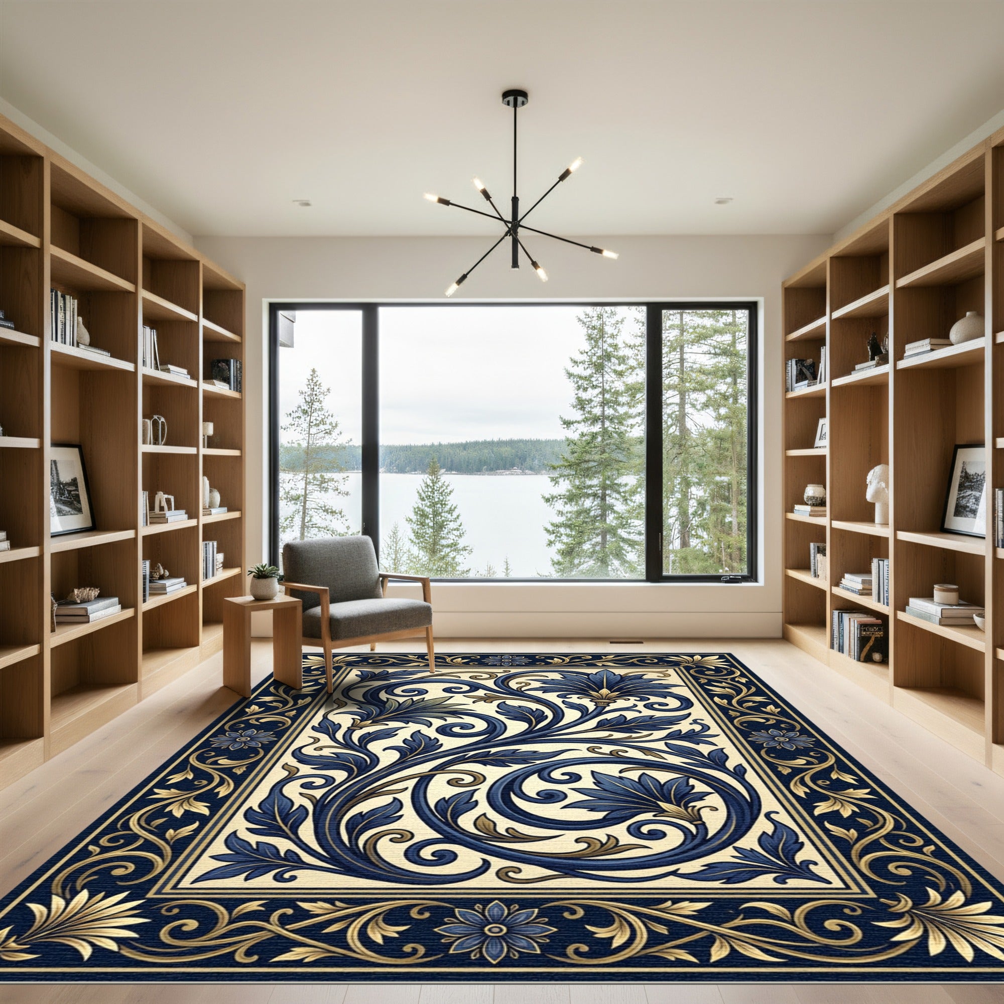 Elegant Navy Gold Art Deco Scroll Rug