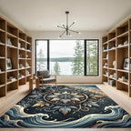 Coastal Slate and Gold Botanical Medallion Rug