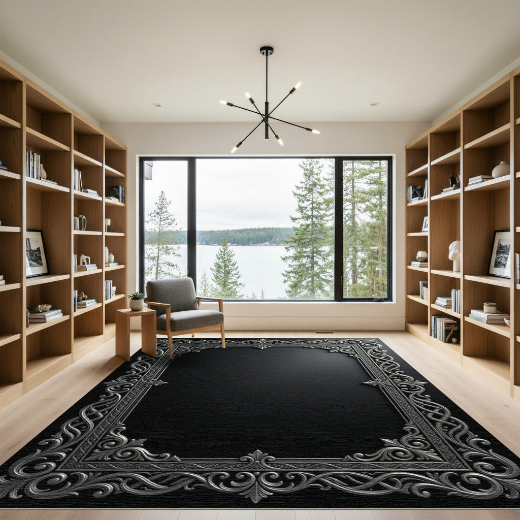 Ornate Silver Scrollwork Frame Rug