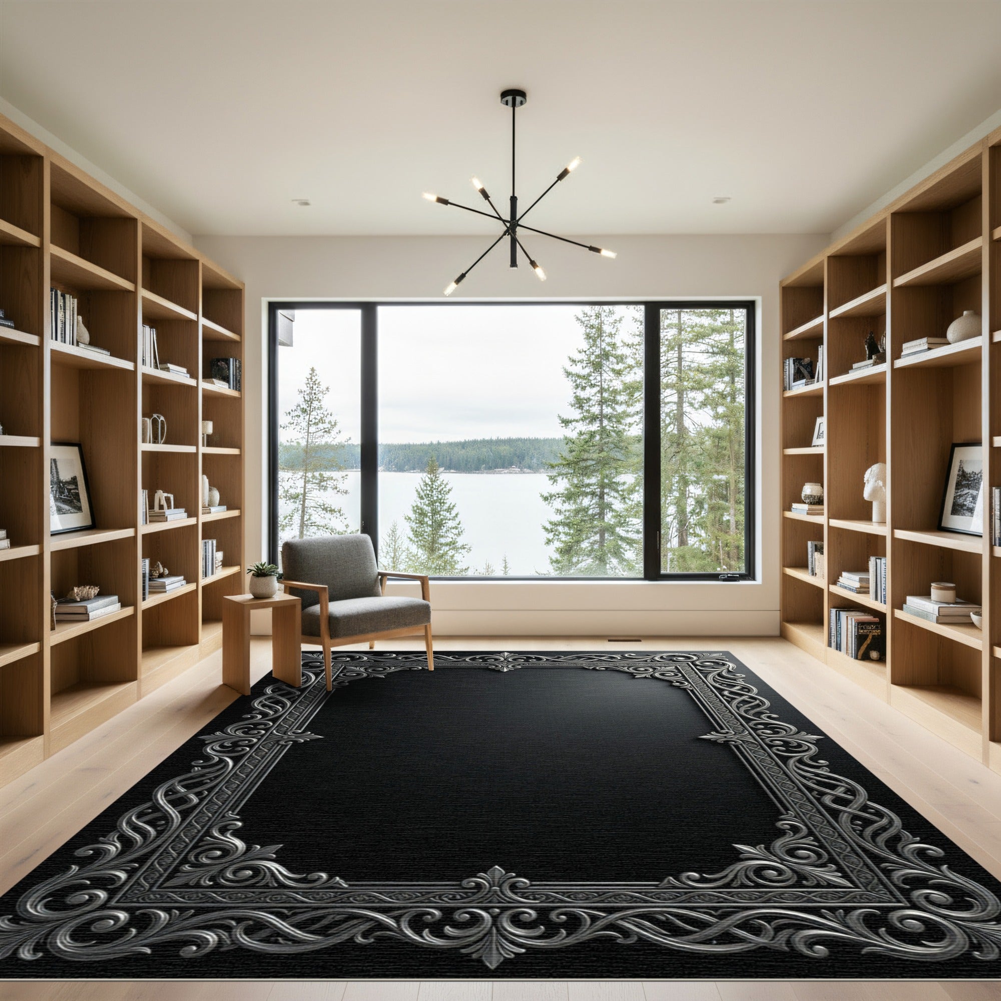 Ornate Silver Scrollwork Frame Rug