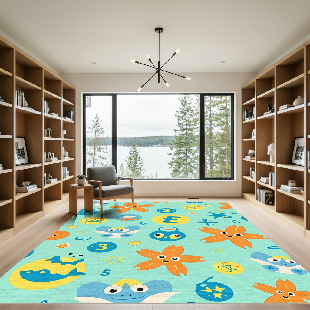 Playful Orange Starfish Blue Creatures Rug