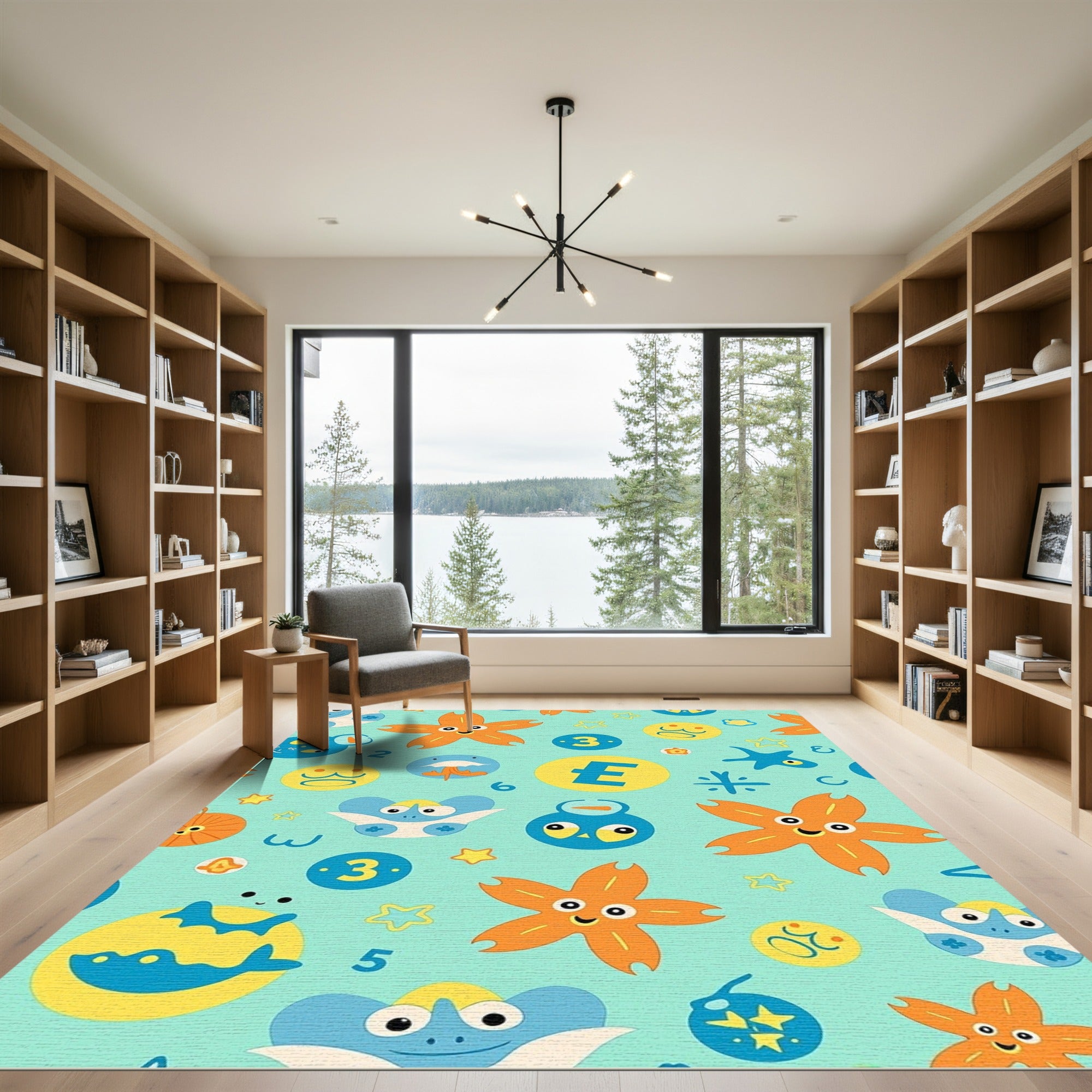 Playful Orange Starfish Blue Creatures Rug