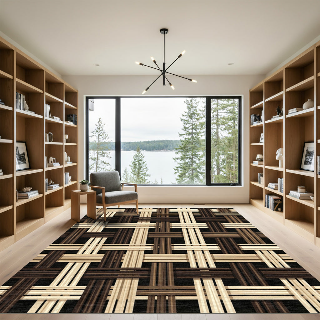 Woven Ochre Chocolate Grid Texture Rug