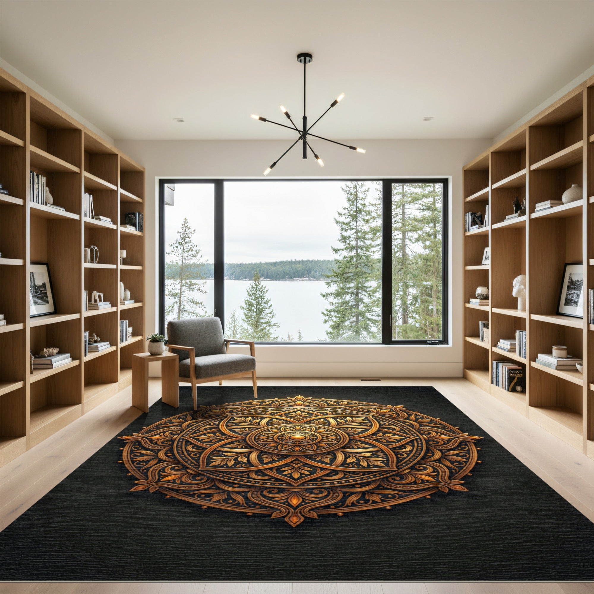 Ornate Golden Circular Floral Medallion Rug