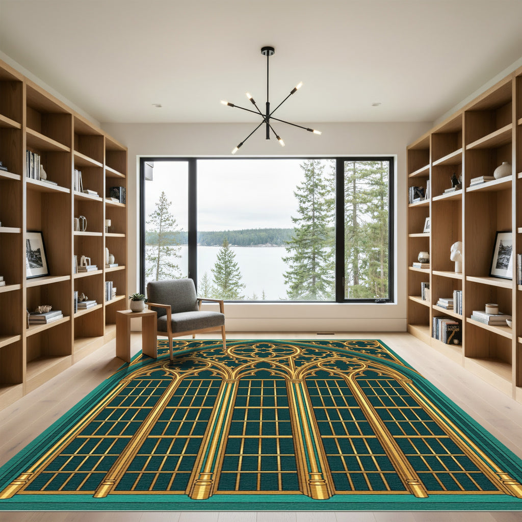 Gilded Emerald Gothic Arched Trellis Rug