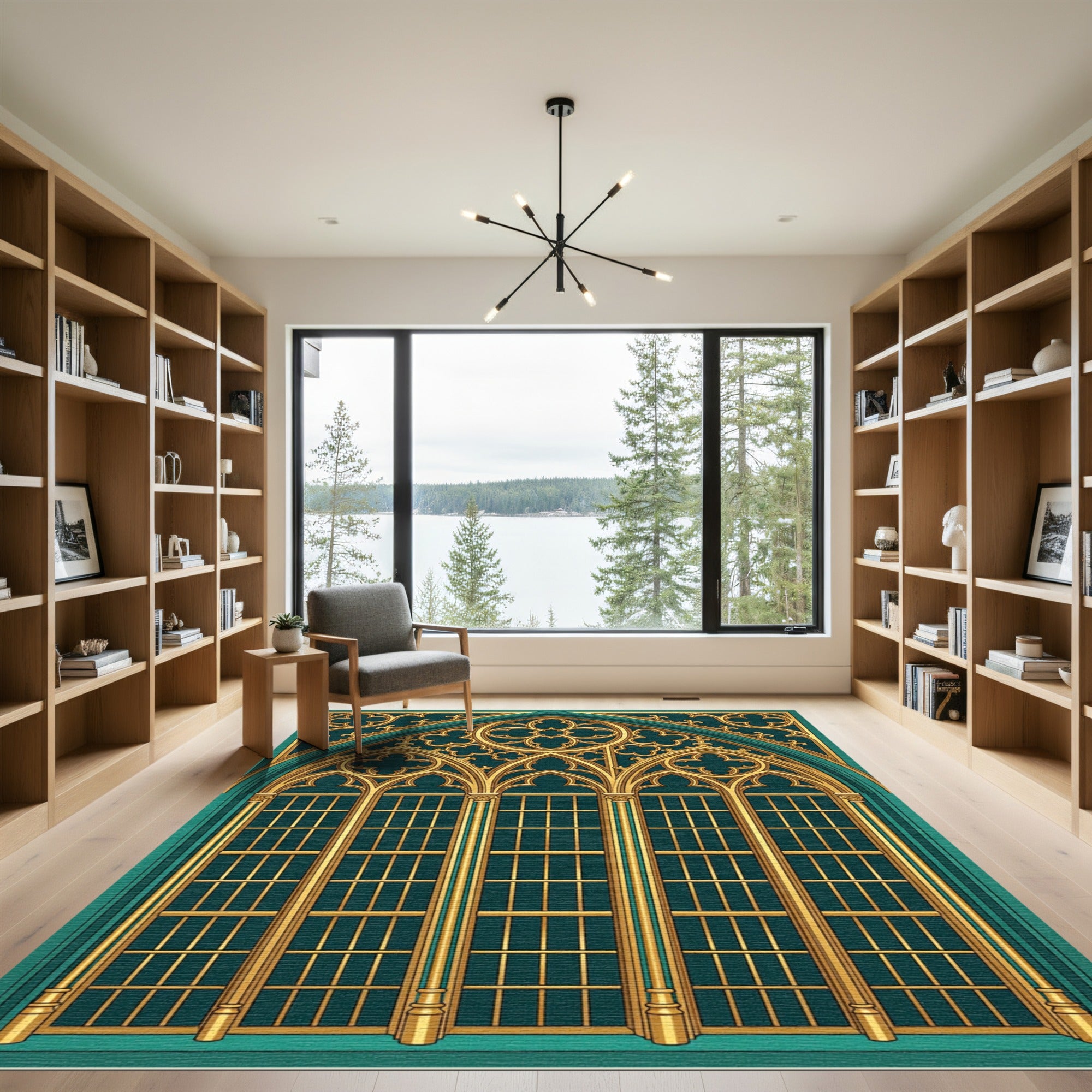 Gilded Emerald Gothic Arched Trellis Rug