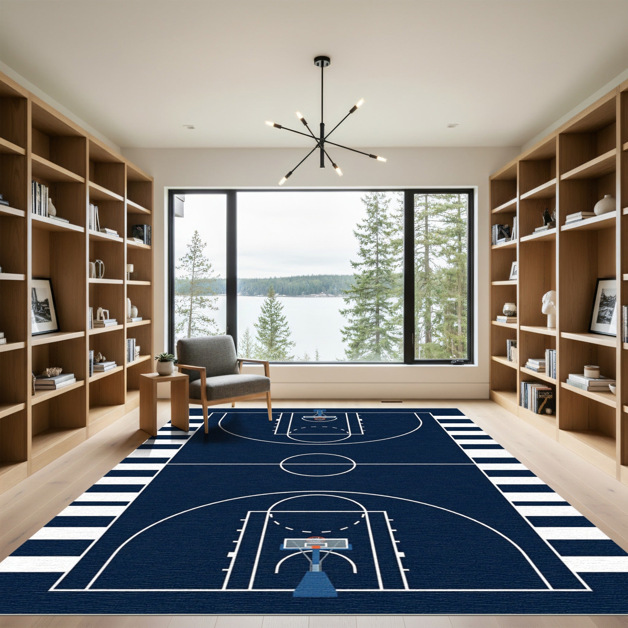 Navy Basketball Court Geometric Area Rug