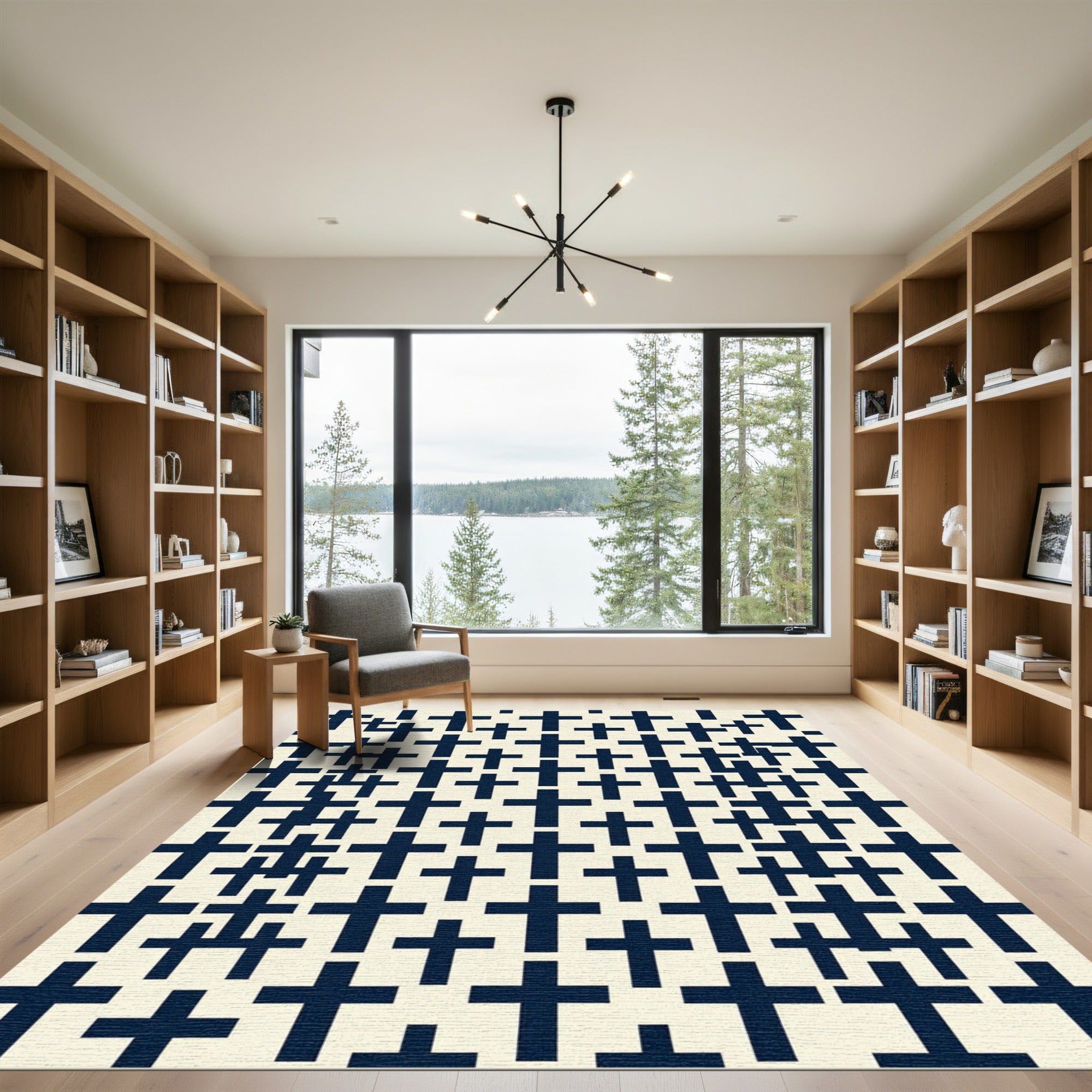 Minimalist Navy Cross Black White Grid Rug