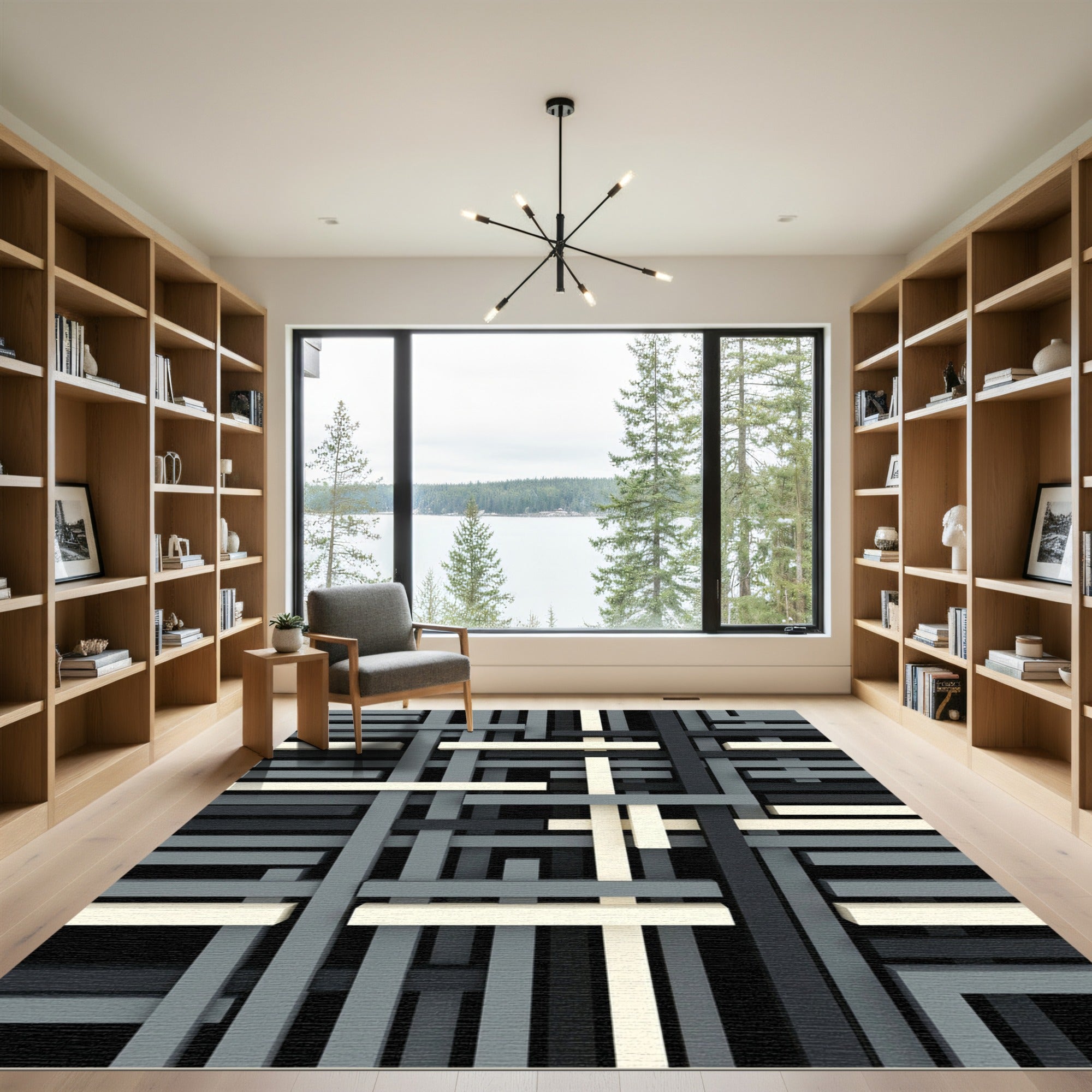 Geometric Monochrome Intersecting Layered Lines Rug