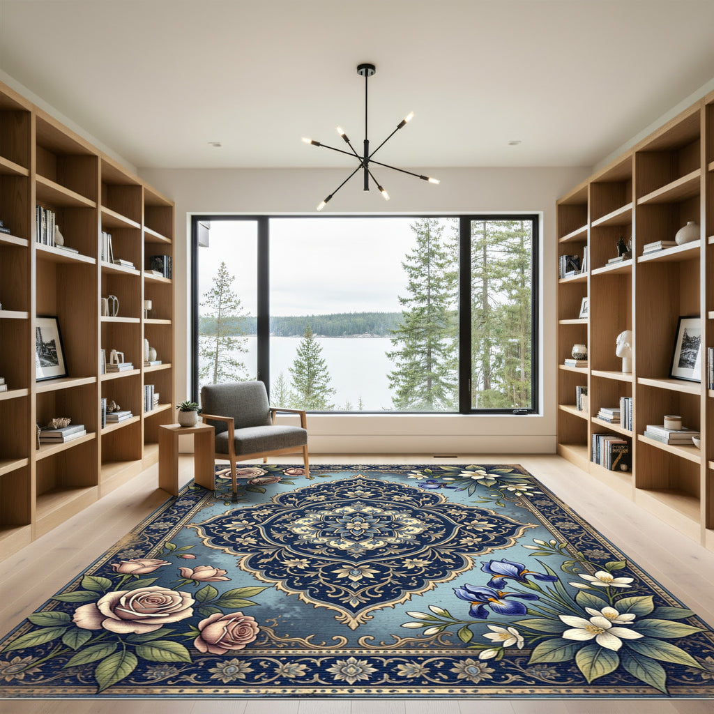 Navy Blue Floral Medallion Garden Rug