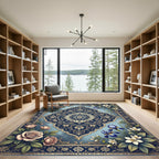 Navy Blue Floral Medallion Garden Rug