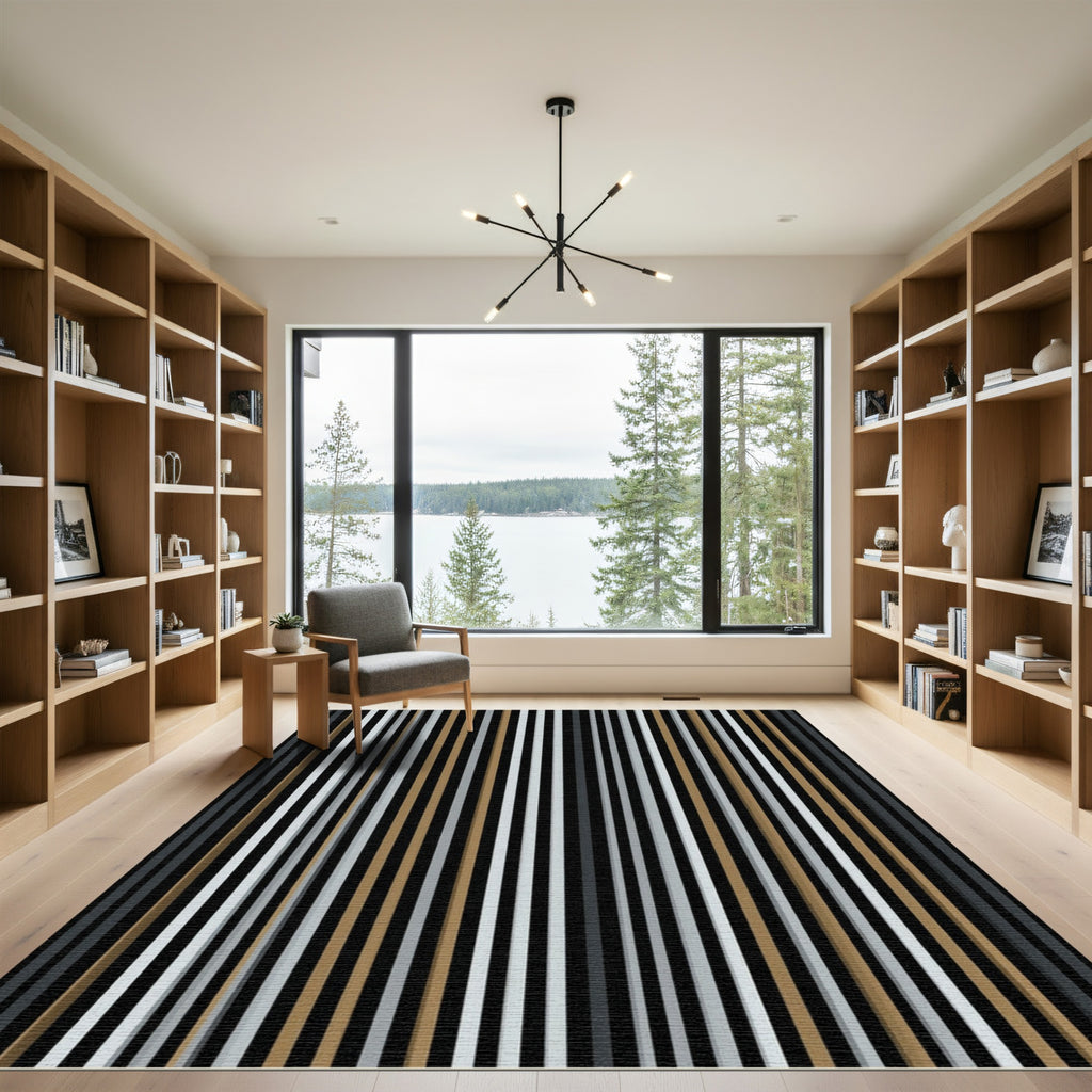 Modern Black Gold White Stripe Rug