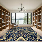 Elegant Gold Midnight Blue Damask Scroll Rug