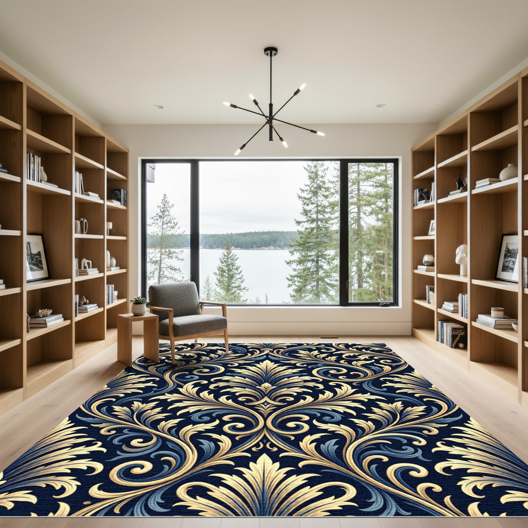 Elegant Gold Midnight Blue Damask Scroll Rug