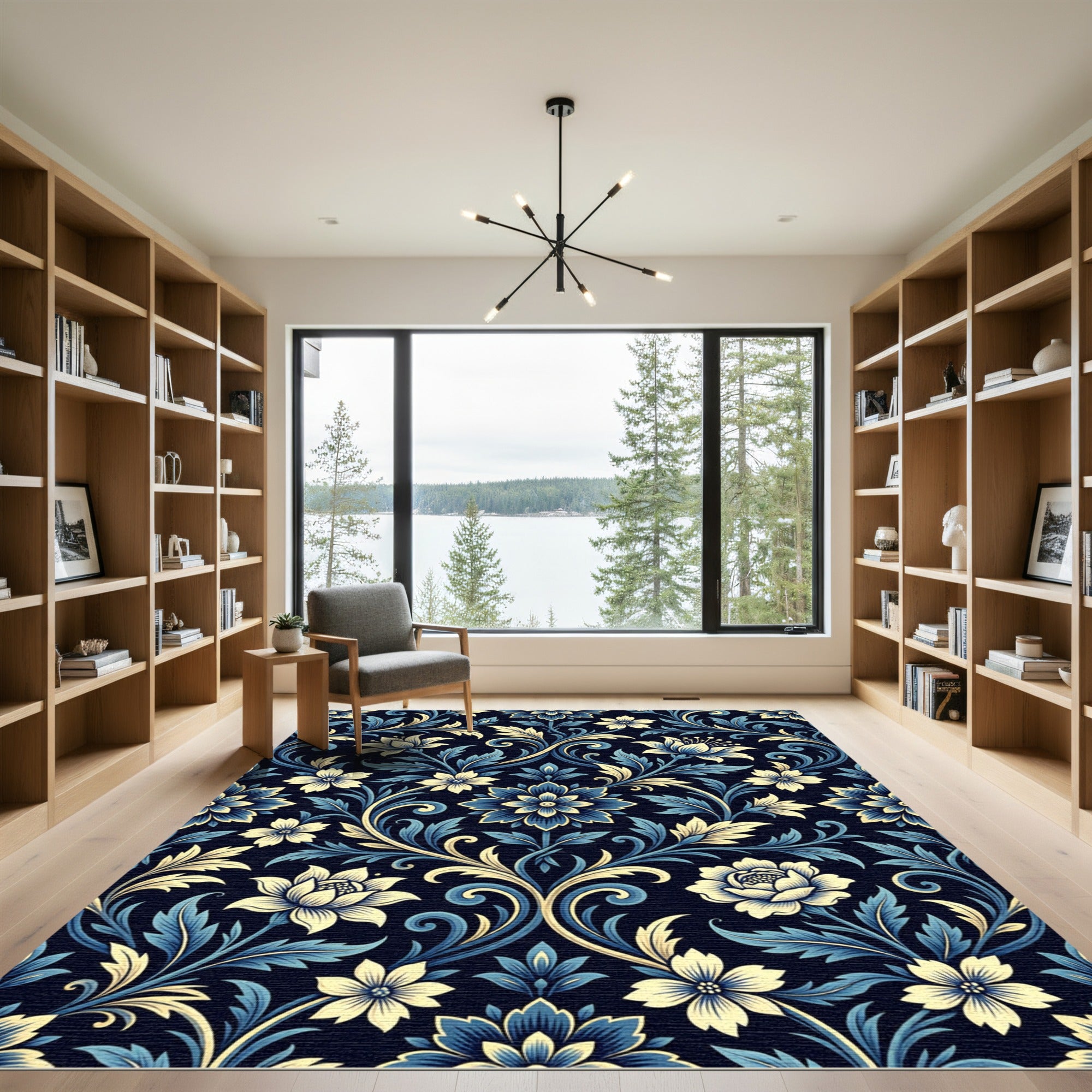 Elaborate Blue Golden Floral Scroll Rug