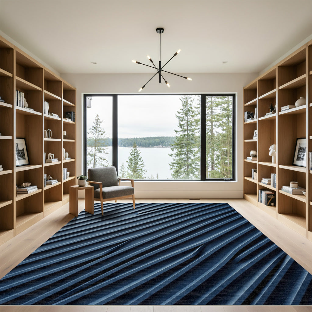 Modern Deep Blue Diagonal Abstract Waves Rug