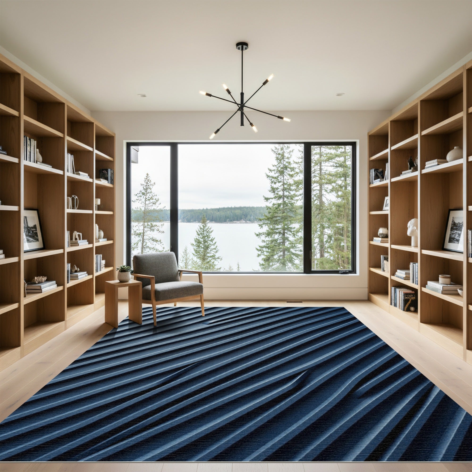 Modern Deep Blue Diagonal Abstract Waves Rug