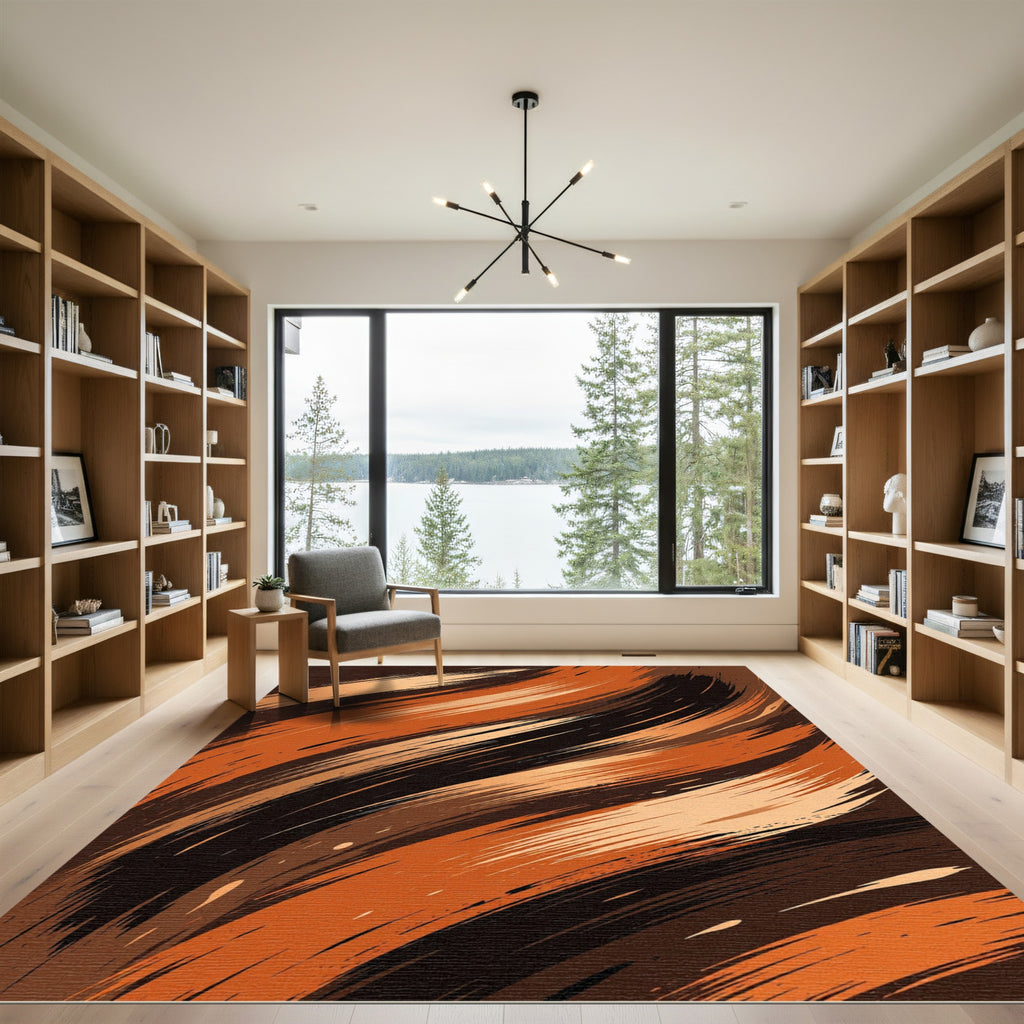 Abstract Burnt Orange Black Swirls Rug