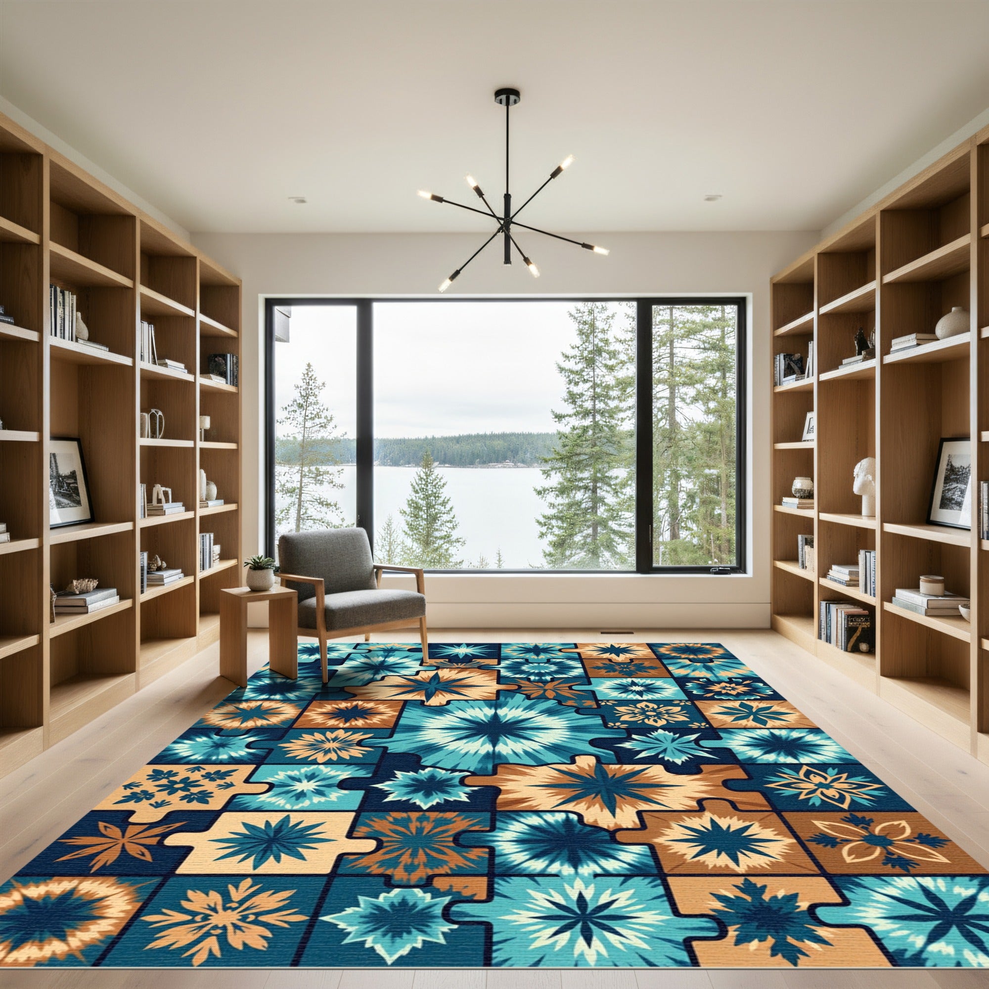 Geometric Teal and Copper Star Tile Rug