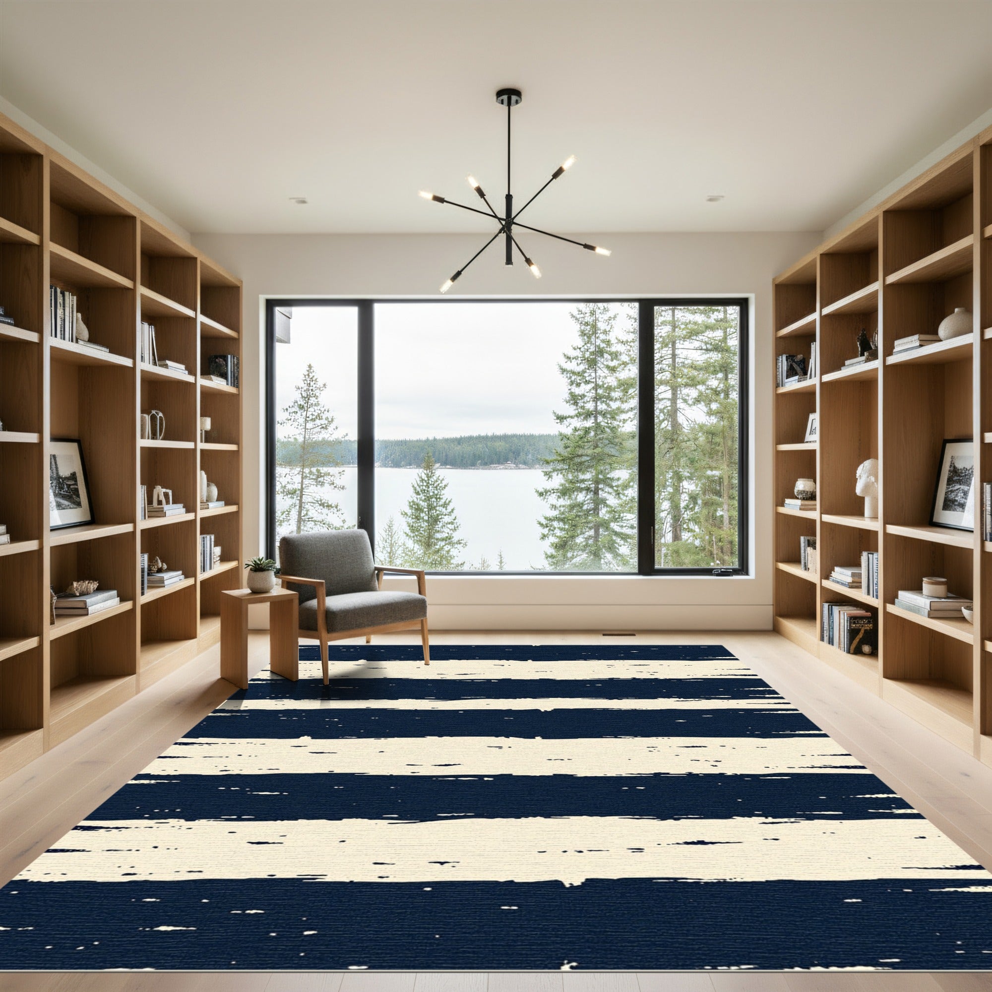 Navy Blue Distressed Horizontal Stripe Rug