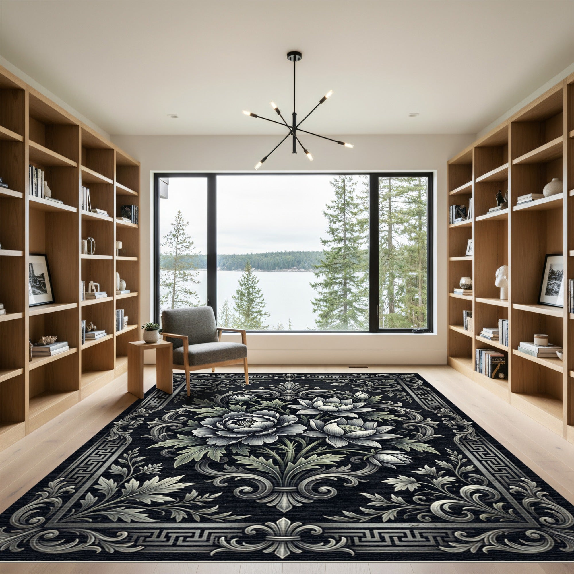 Monochromatic Ornate Floral Baroque Charcoal Rug