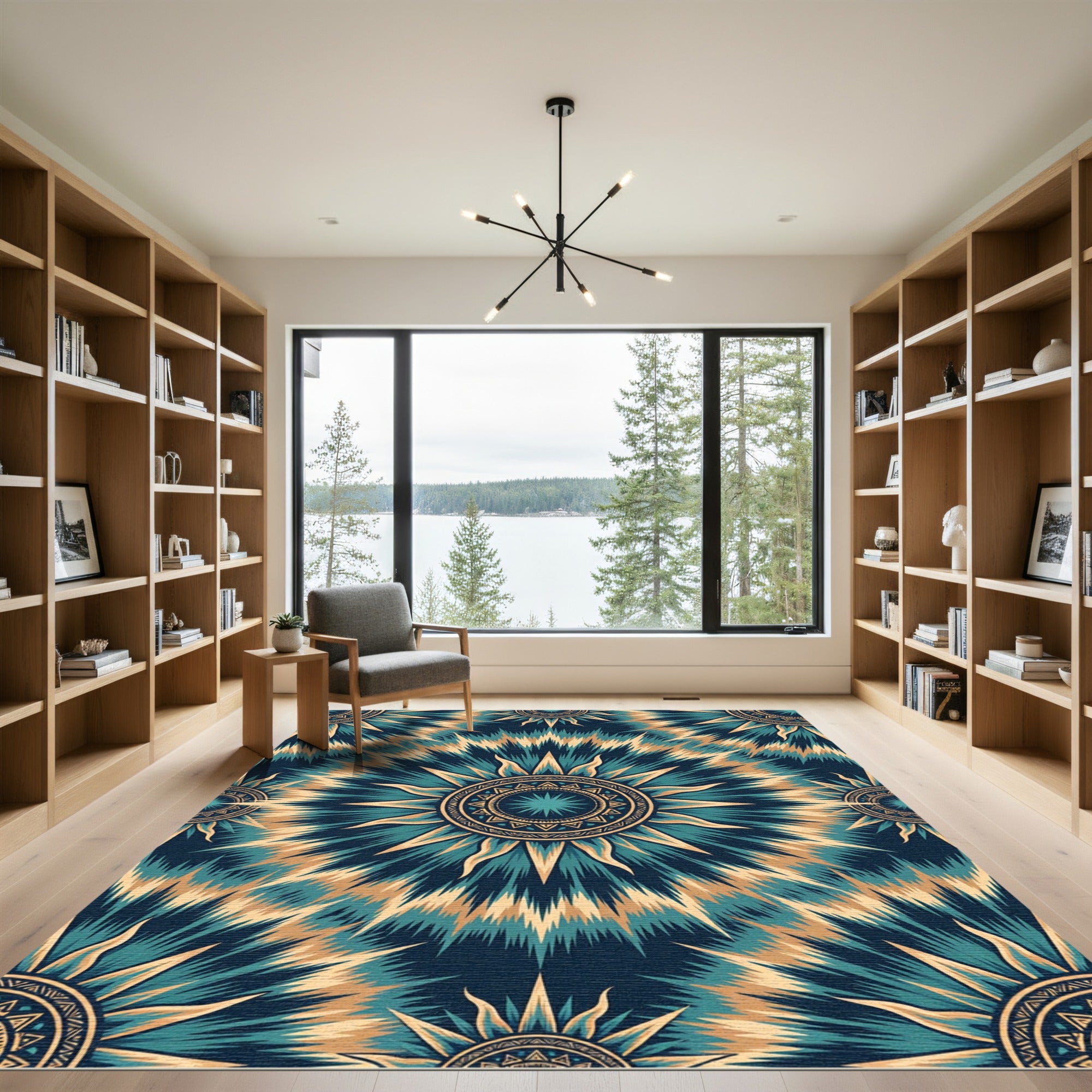 Deep Blue Golden Sunburst Tie Dye Rug
