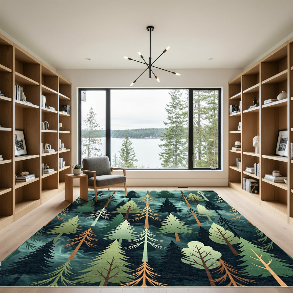 Ethereal Misty Forest Pine Landscape Rug