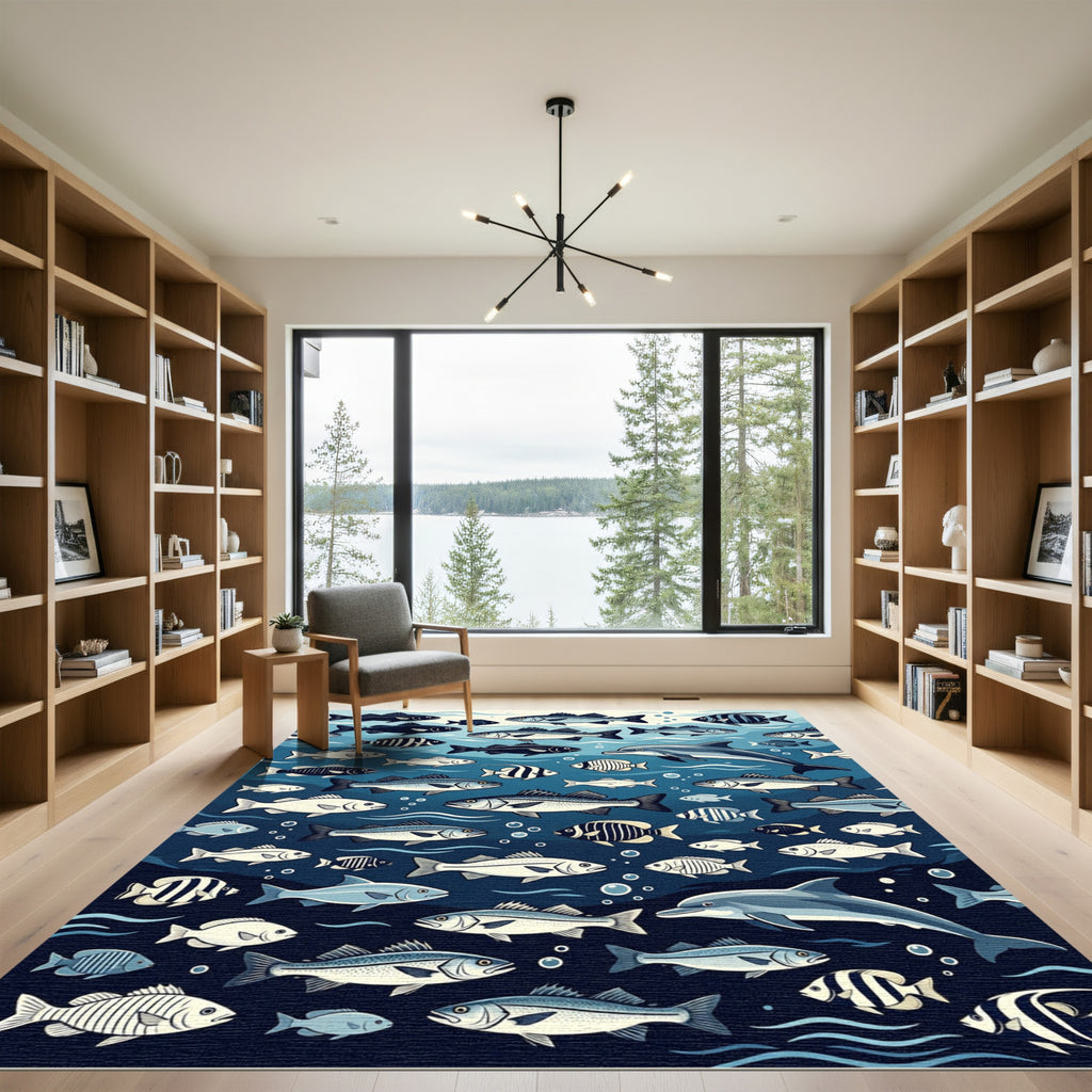 Whimsical Deep Blue Ocean Schooling Fish Rug
