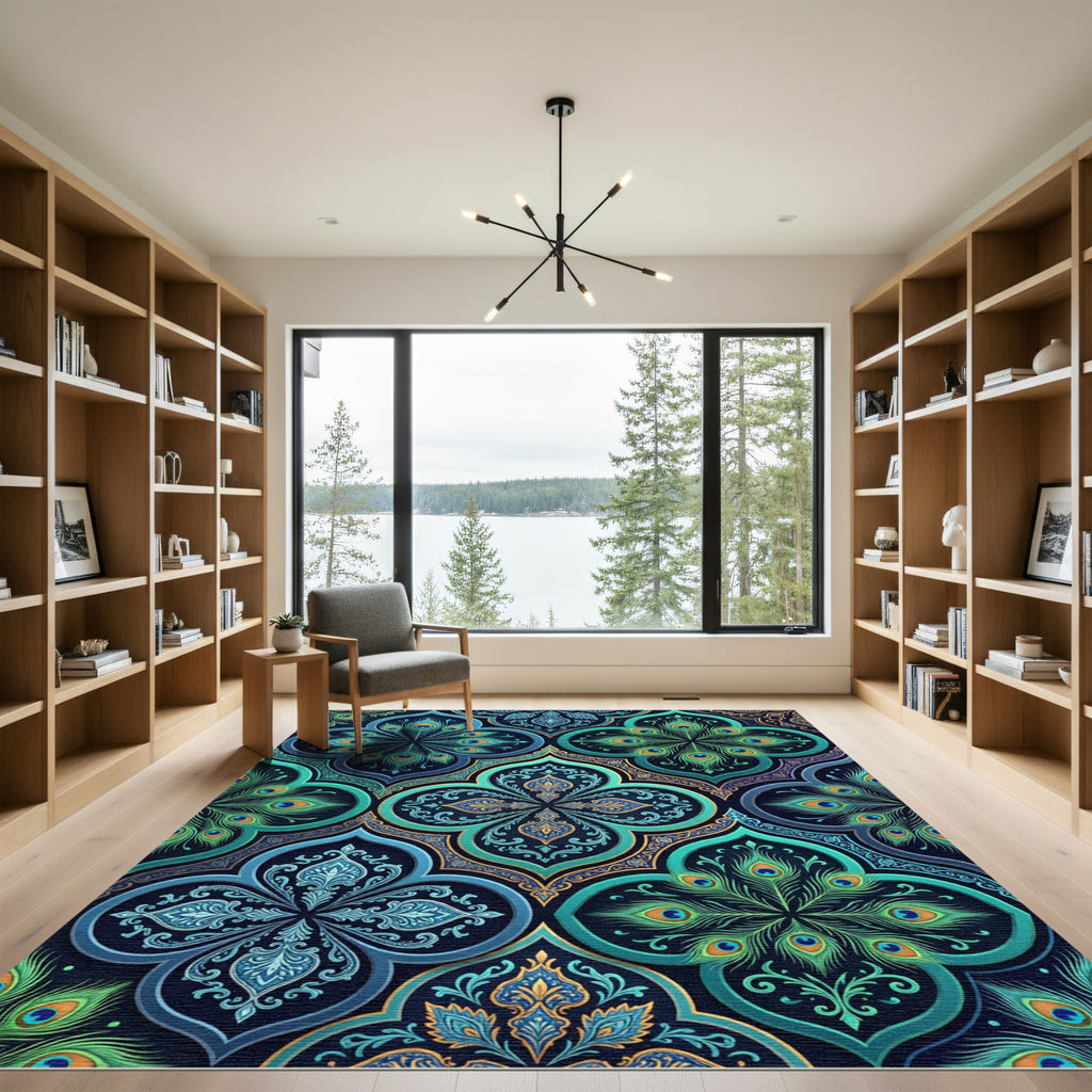 Teal Peacock Feather Ornate Medallion Rug