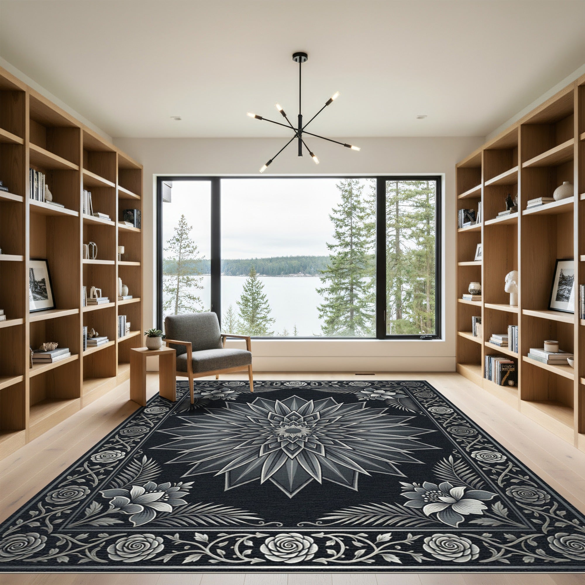 Monochromatic Floral Mandala Art Rug