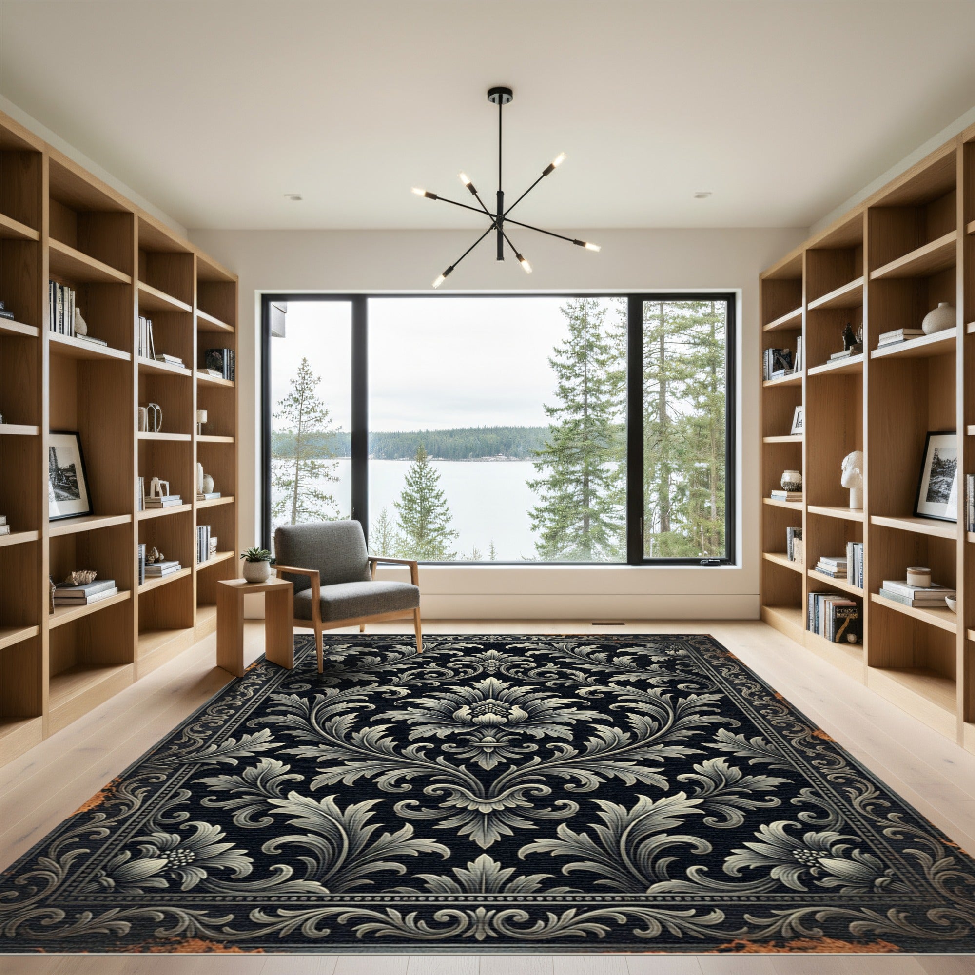 Elegant Charcoal Damask Scroll Art Rug