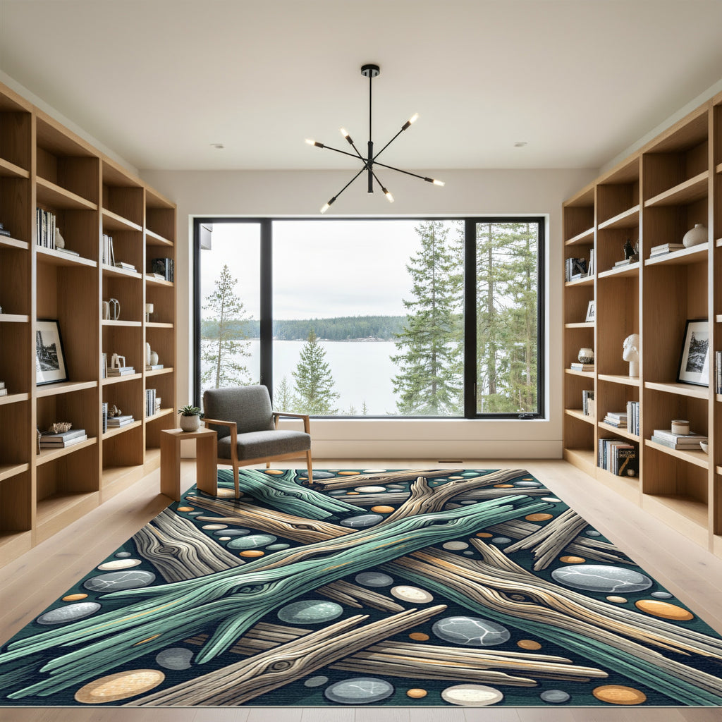 Coastal Driftwood and Pebble River Stones Rug
