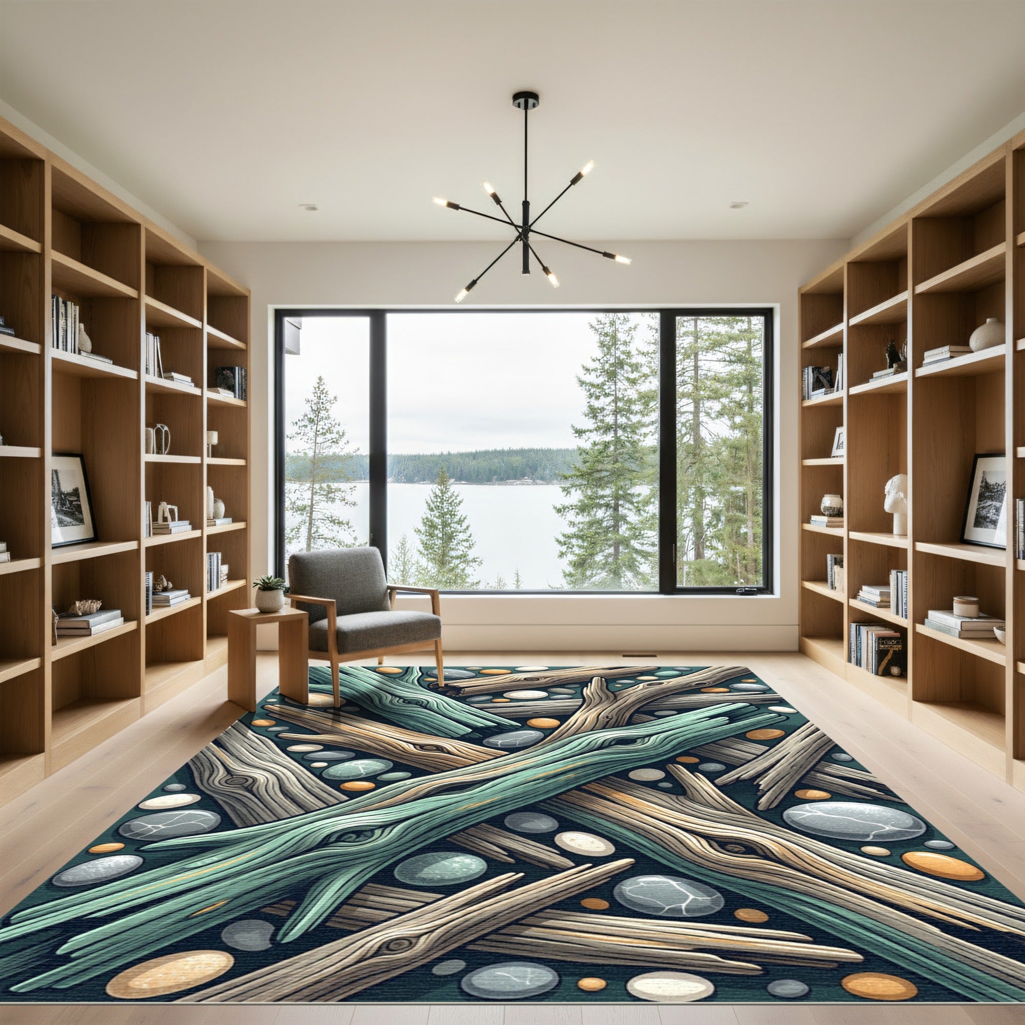 Coastal Driftwood and Pebble River Stones Rug