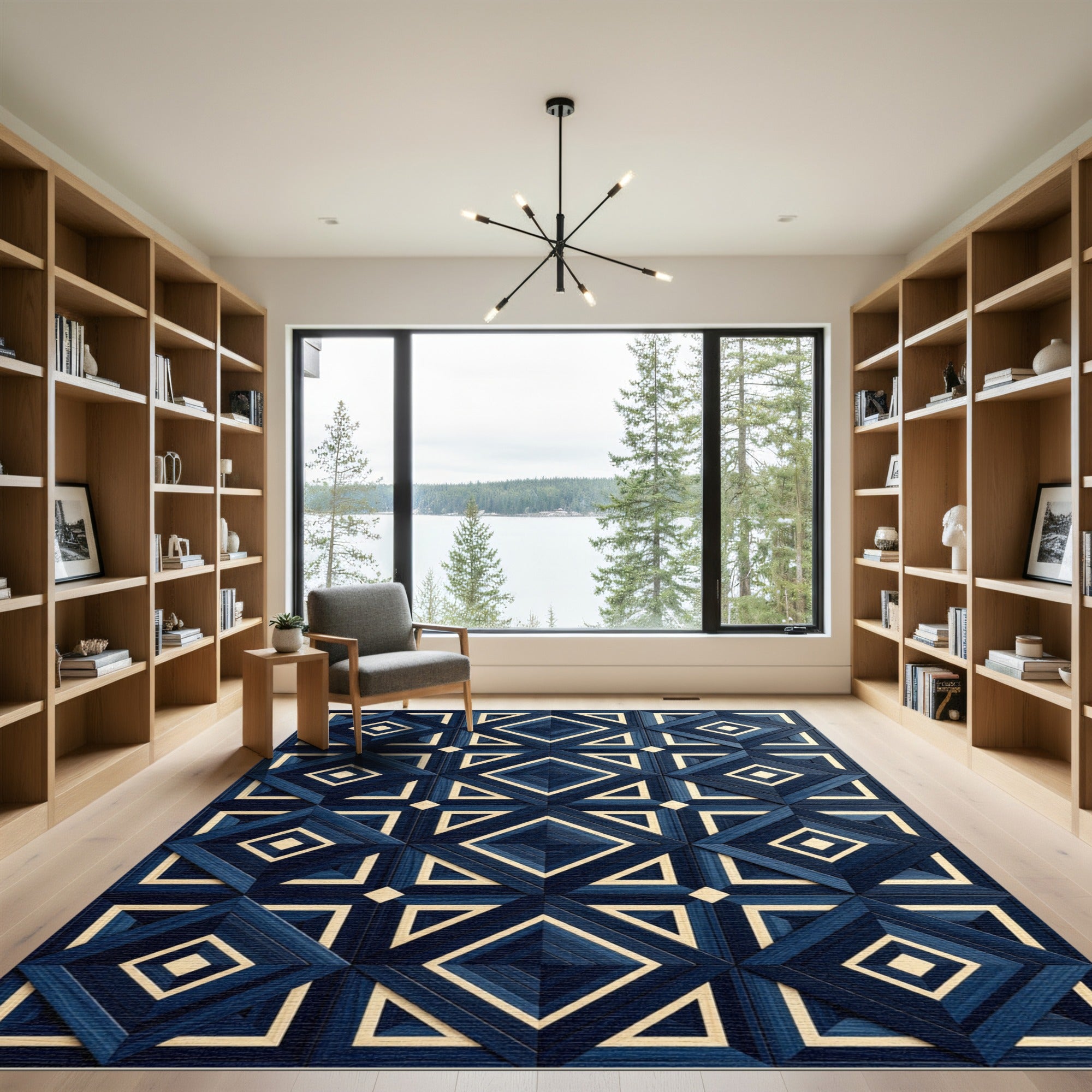 Deep Blue Ivory Diamond Geometric Rug