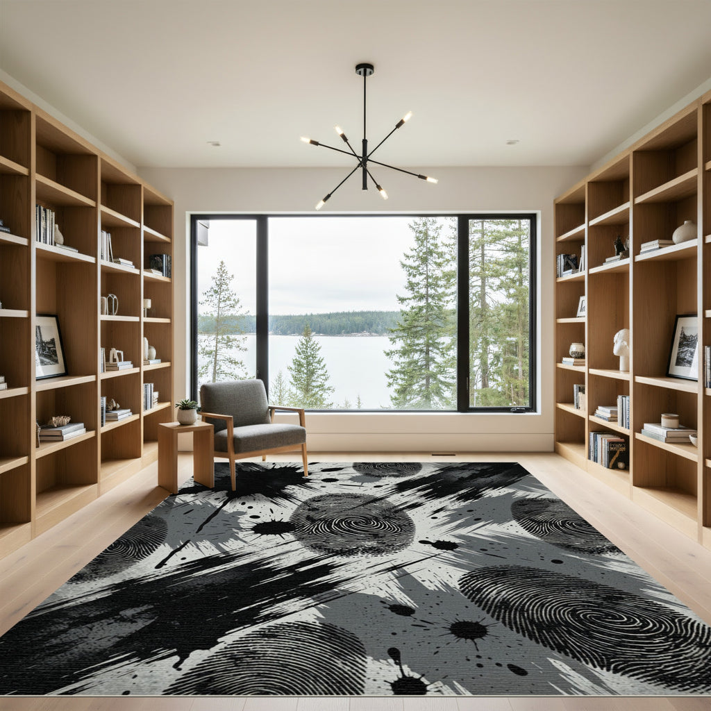 Monochrome Abstract Ink Splattered Fingerprint Rug